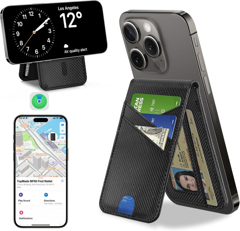 TopMade for MagSafe Wallet, Works with Apple Find My, Magnetic Wallet for iPhone 17/16/15/14/13/12 Series, for iPhone Wallet Stand with Finder Tracker, 6 Card Holder, RFID Blocking, Black Carbon Fiber - Image 1